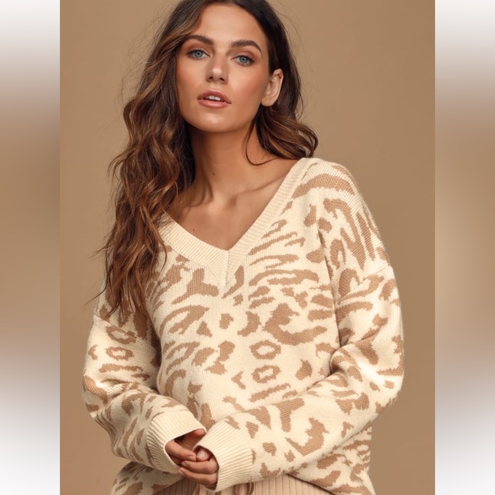 Lulu's Cream and Brown V-Neck Sweater